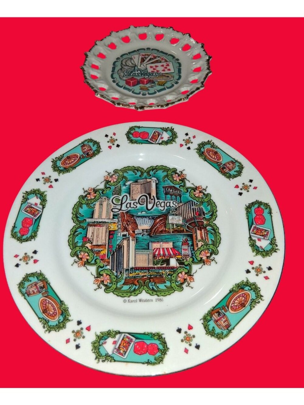 Las Vegas Souvenir Plates By Karol Western 1986 Set Of 2 Decorative Porcelain No